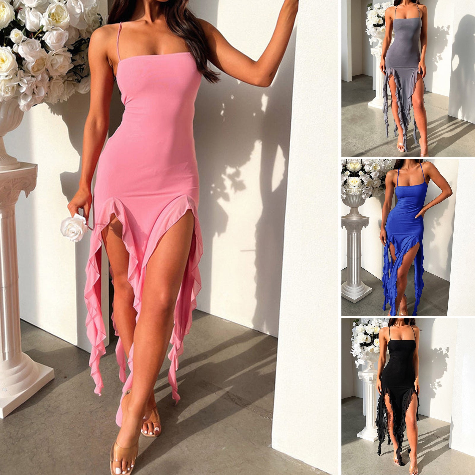 Sexy Suspender Tight Slim Skirt Fashion Split Ruffle Design Dress Summer Womens Clothing - 𝓢𝓱𝓸𝓹𝓵𝓮𝓬𝔂