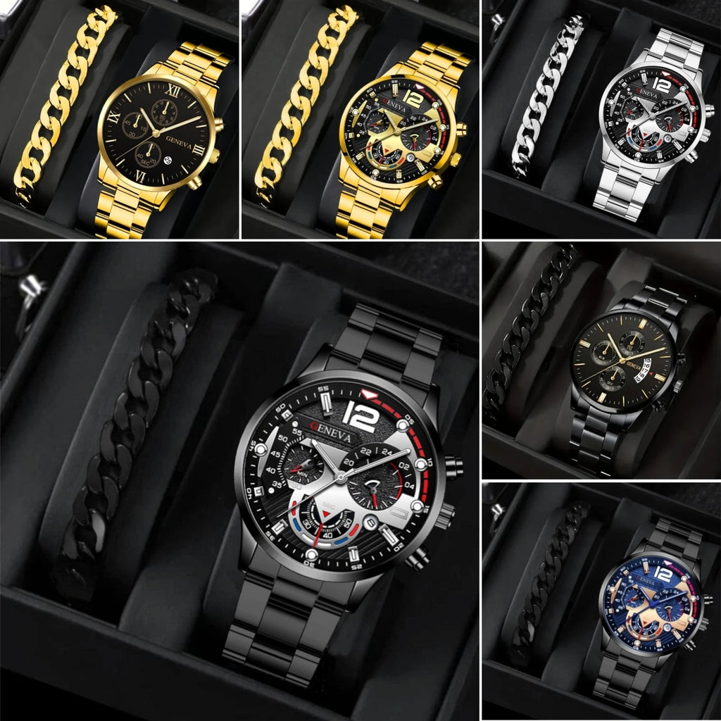 2pcs Men's New Popular Steel Strip Fashion Business Three Eye Quartz Watch Bracelet Set Valentine's Day Gifts - 𝓢𝓱𝓸𝓹𝓵𝓮𝓬𝔂