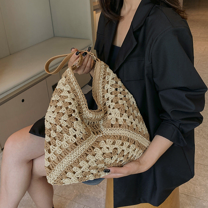 Women's Fashion Handmade Straw Woven Hollow Contrast Color Weave Shoulder Bag - 𝓢𝓱𝓸𝓹𝓵𝓮𝓬𝔂