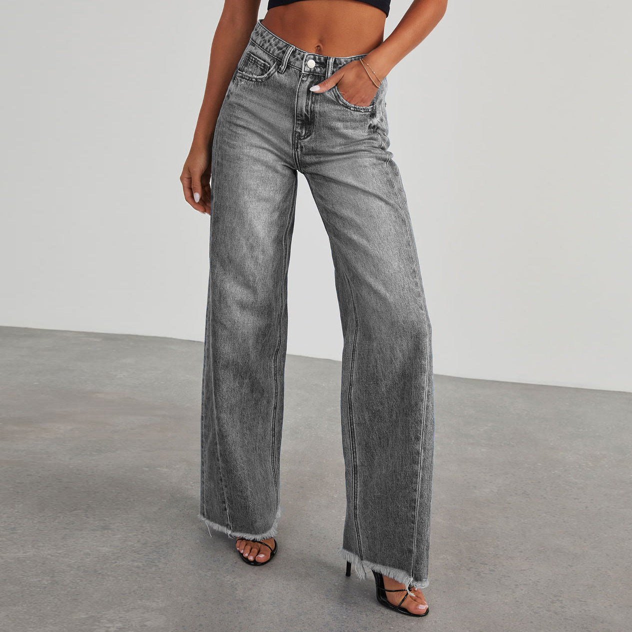 Fashion High Waist Jeans With Pockets Comfortable Slim Fit Straight Wide-leg Pants Womens Clothing - 𝓢𝓱𝓸𝓹𝓵𝓮𝓬𝔂