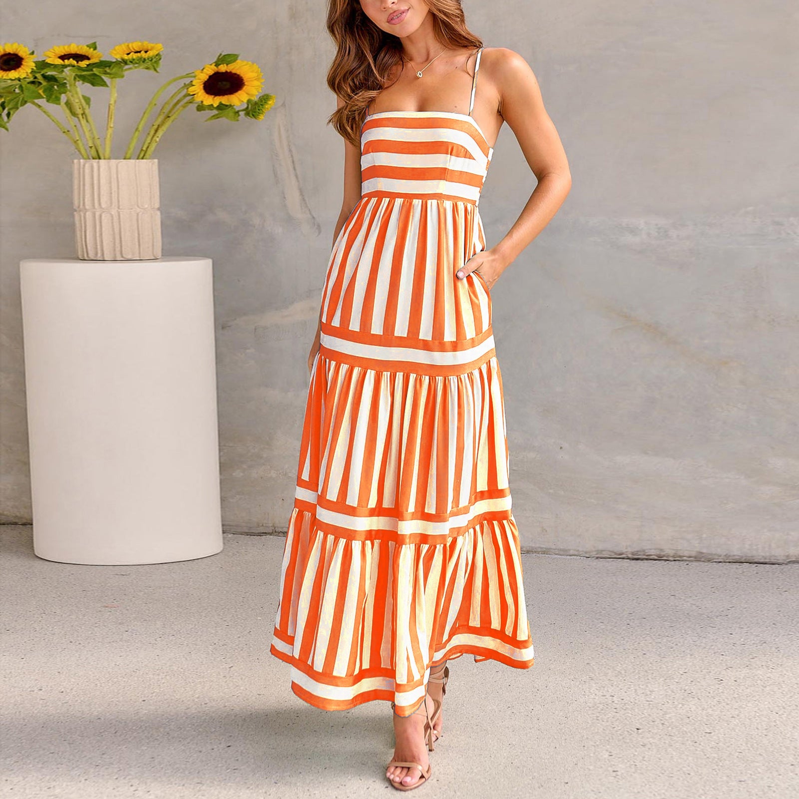 Summer Striped Printed Suspender Long Dress With Pockets Fashion Square Neck Backless Dresses For Beach Vacation Women Clothing - 𝓢𝓱𝓸𝓹𝓵𝓮𝓬𝔂