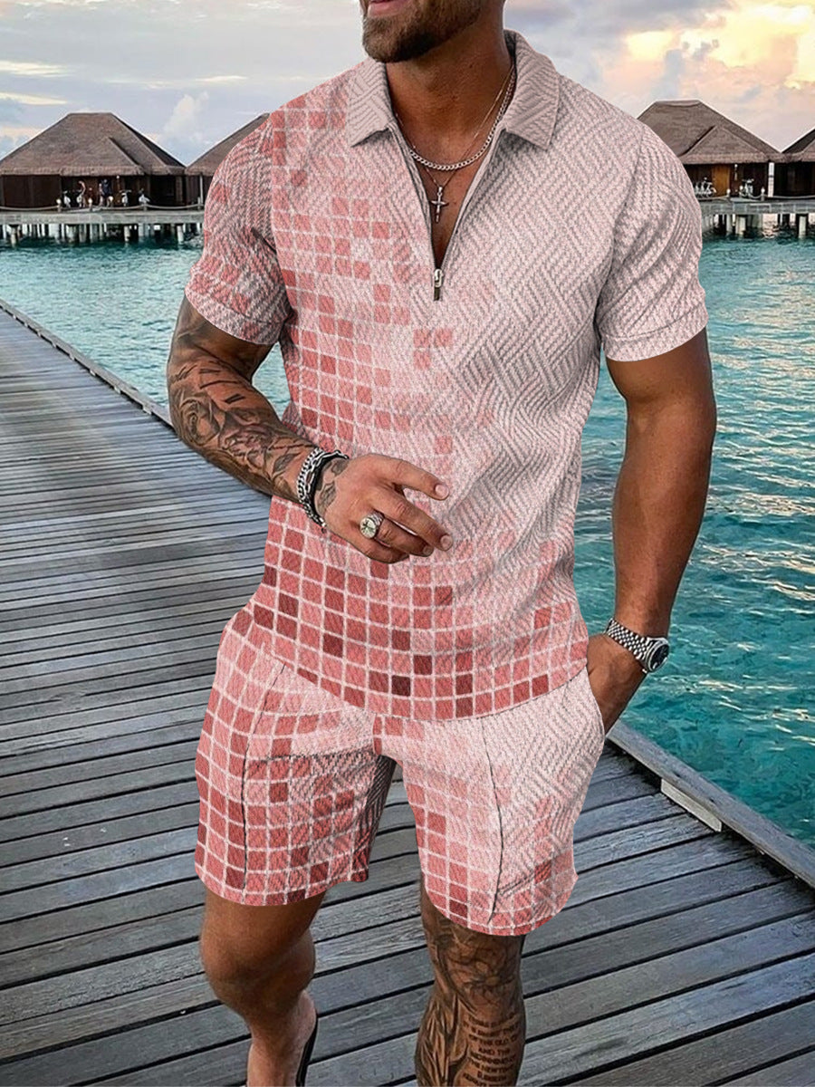 Men's Casual Color Contrast POLO Zip Lapel Shirt Short Sleeve Suit - 𝓢𝓱𝓸𝓹𝓵𝓮𝓬𝔂