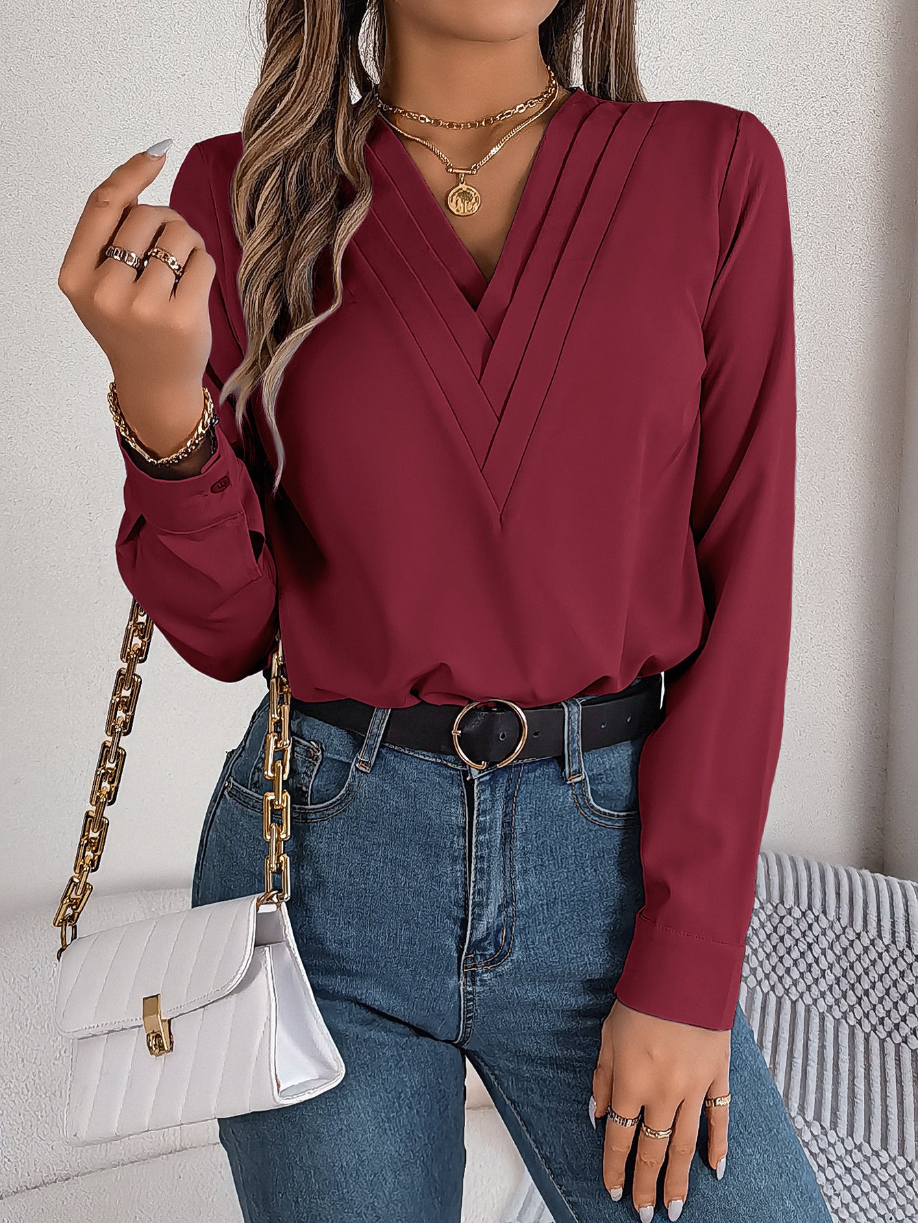Fashion V-Neck Long Sleeve Shirt Elegant Commuter Solid Blouse Office Women's Clothing - 𝓢𝓱𝓸𝓹𝓵𝓮𝓬𝔂