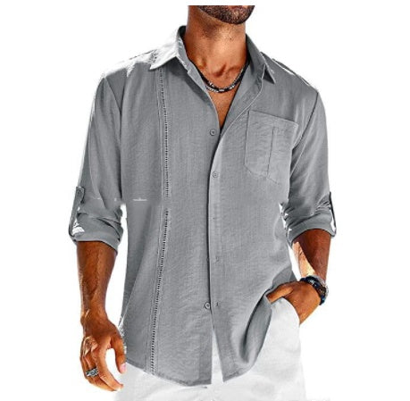 Casual  Long Sleeve Shirt With Pocket Lace Polo Collar Solid Color Button Mens Clothing - 𝓢𝓱𝓸𝓹𝓵𝓮𝓬𝔂