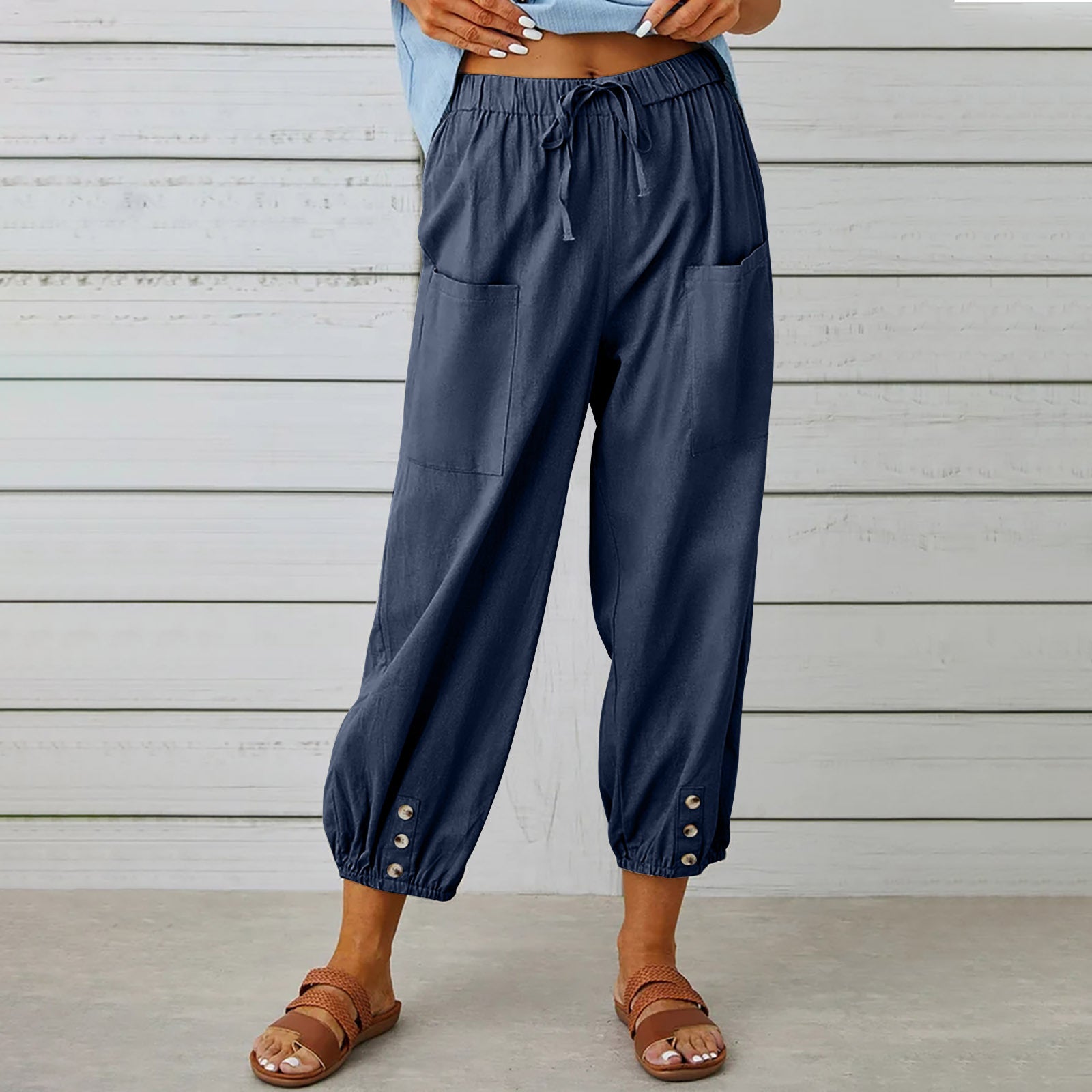 Women Drawstring Tie Pants Spring Summer Cotton And Linen Trousers With Pockets Button - 𝓢𝓱𝓸𝓹𝓵𝓮𝓬𝔂