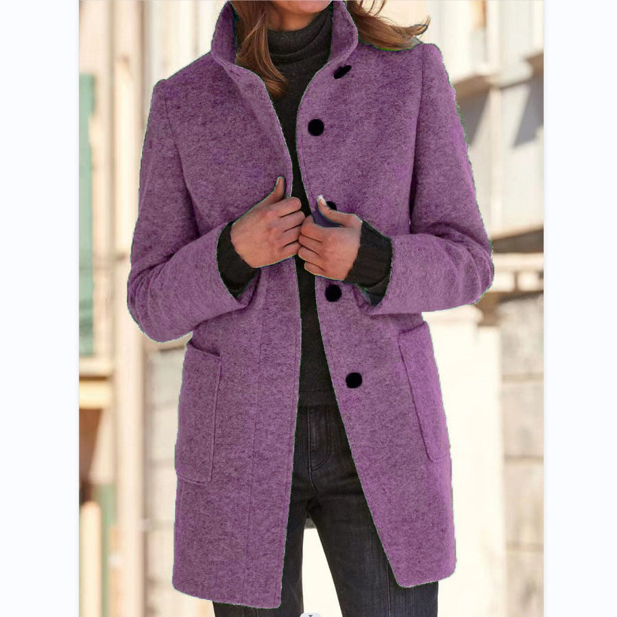 Fashion Stand Collar Woolen Coat With Pockets Fall Winter Casual Button Outwear For Women Clothing - 𝓢𝓱𝓸𝓹𝓵𝓮𝓬𝔂