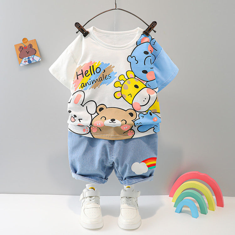 Boys And Girls Short-sleeved Denim Five-point Pants Two-piece Cute Pants Suit Cotton Short-sleeved - 𝓢𝓱𝓸𝓹𝓵𝓮𝓬𝔂