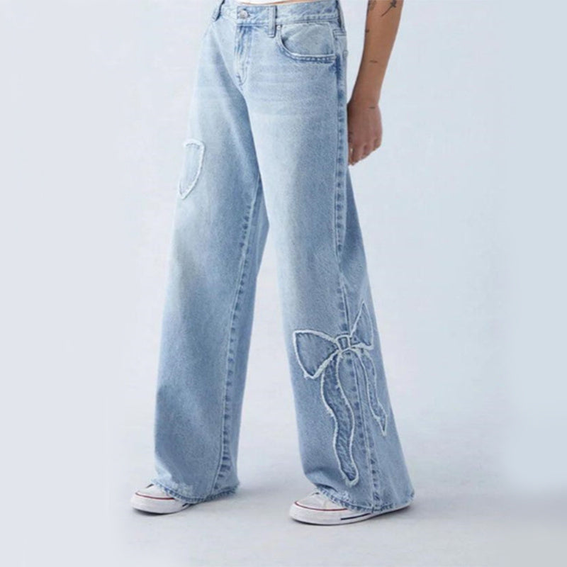 Women's Straight Trousers Embroidered Side Frayed Butterfly Jeans Street Design Hot Girl Baggy Pants - 𝓢𝓱𝓸𝓹𝓵𝓮𝓬𝔂