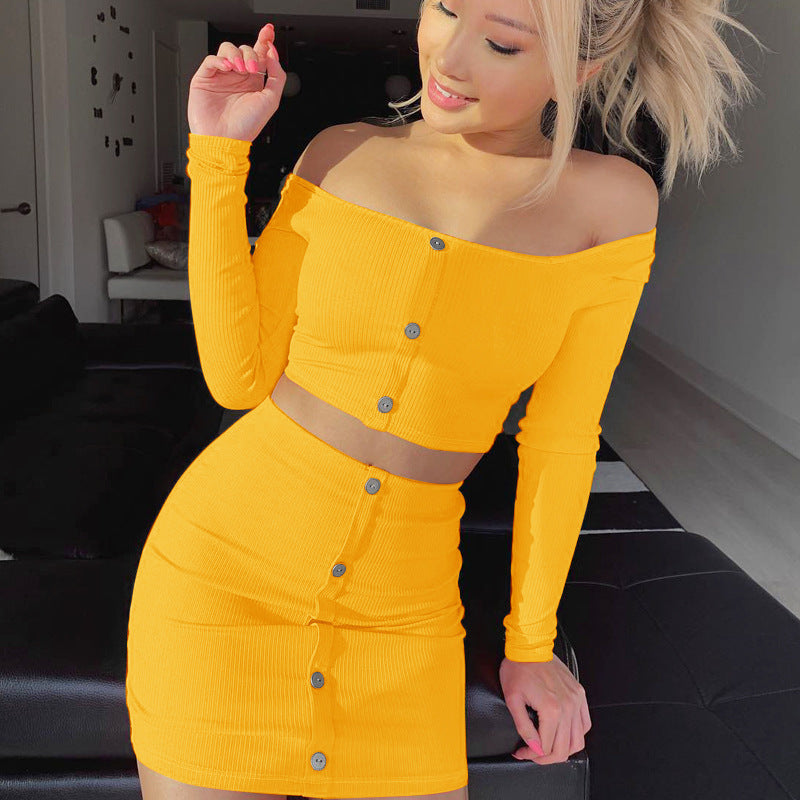 Fashion Trend Woman Sexy Off Shoulder Set Solid Button Bodycon 2 Pcs Sets Women Long Sleeve Top And Skirt Summer Autumn Sets - 𝓢𝓱𝓸𝓹𝓵𝓮𝓬𝔂