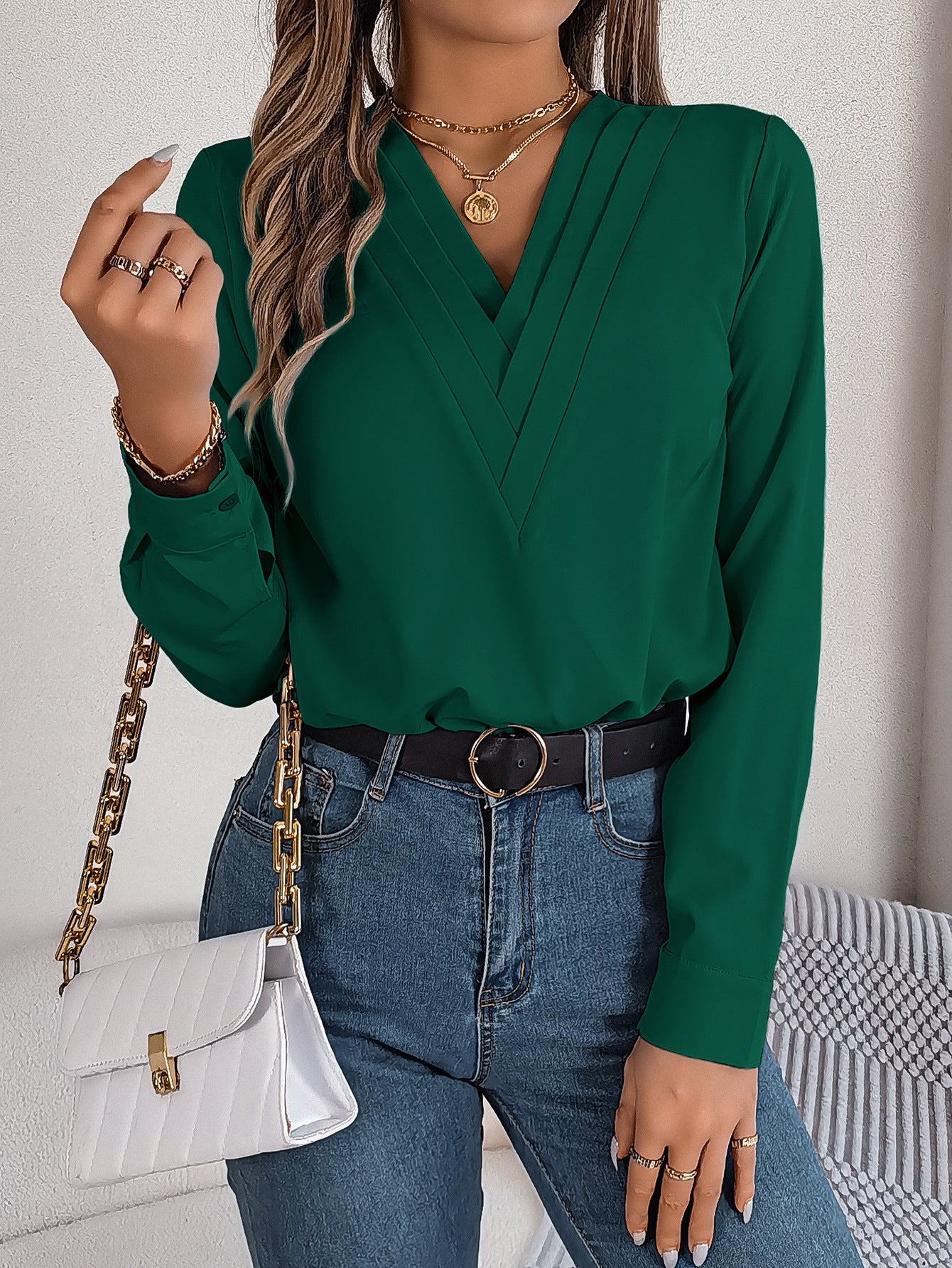 Fashion V-Neck Long Sleeve Shirt Elegant Commuter Solid Blouse Office Women's Clothing - 𝓢𝓱𝓸𝓹𝓵𝓮𝓬𝔂