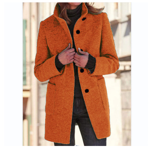 Fashion Stand Collar Woolen Coat With Pockets Fall Winter Casual Button Outwear For Women Clothing - 𝓢𝓱𝓸𝓹𝓵𝓮𝓬𝔂