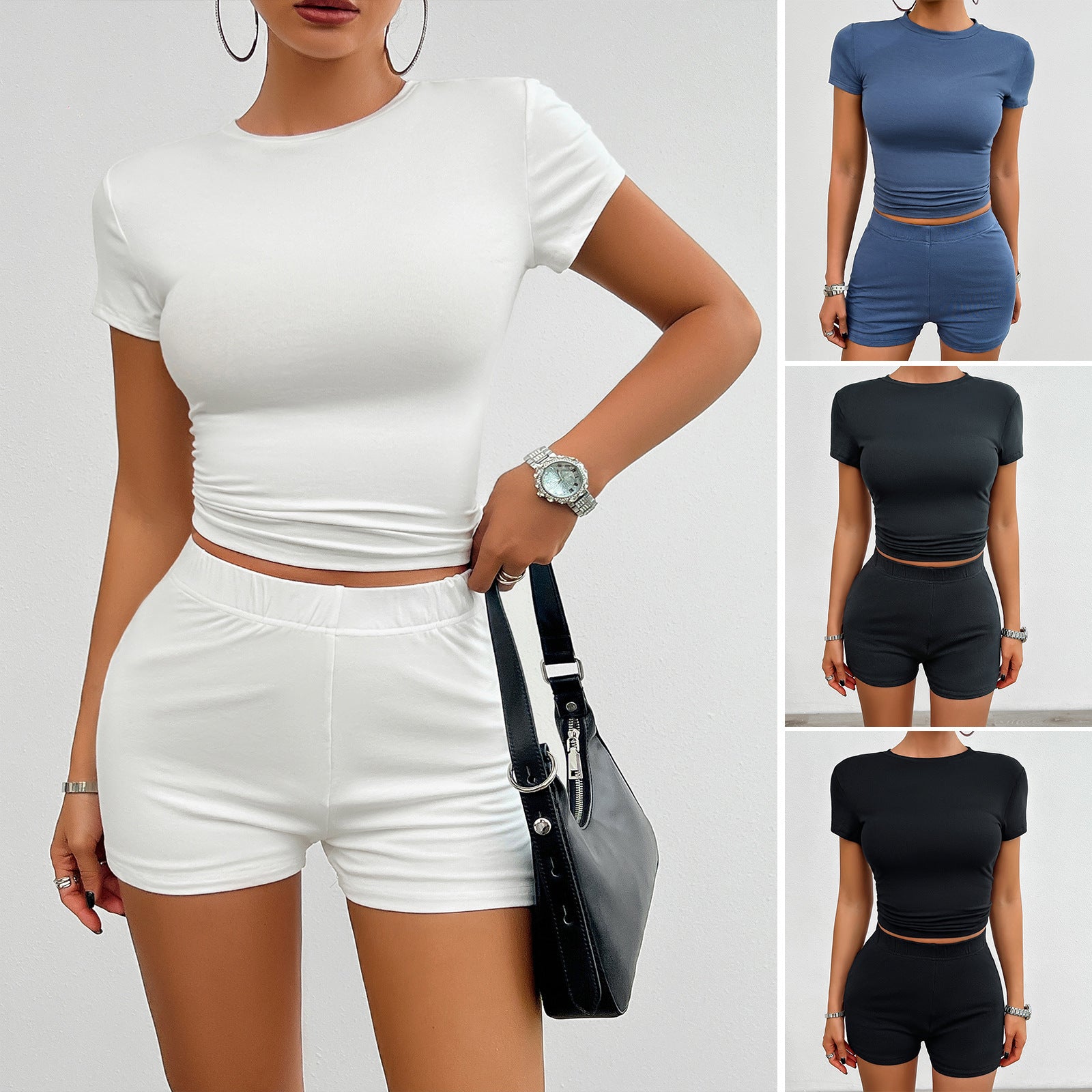 Solid Color Slim Sports Suit Summer 2Pcs Short-sleeved Round Neck T-shirt And Elastic Shorts Fashion Womens Clothing - 𝓢𝓱𝓸𝓹𝓵𝓮𝓬𝔂