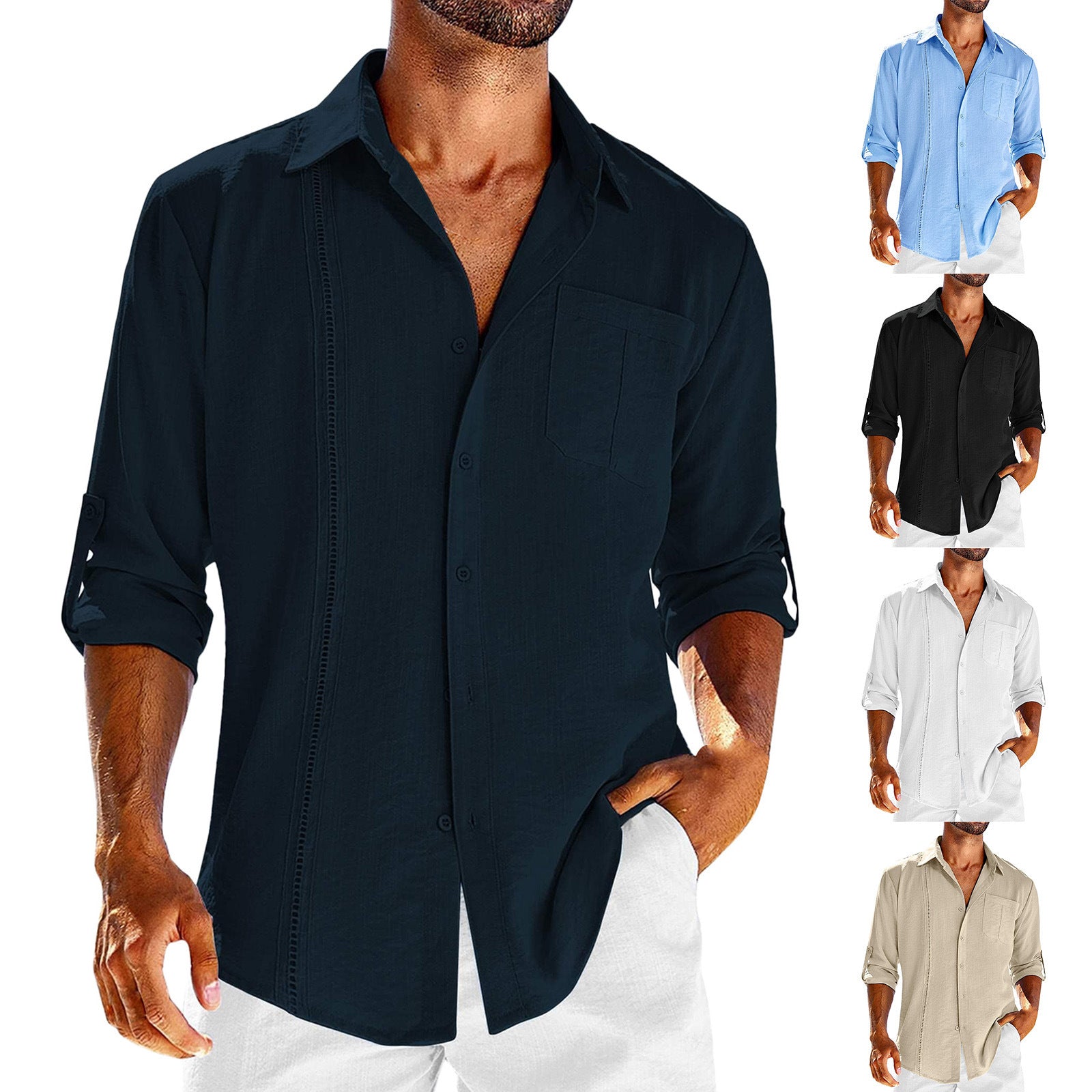 Casual  Long Sleeve Shirt With Pocket Lace Polo Collar Solid Color Button Mens Clothing - 𝓢𝓱𝓸𝓹𝓵𝓮𝓬𝔂