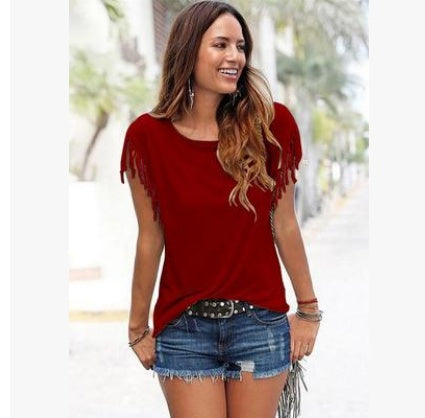 Wish quick sale eBay ladies Europe and America big size round neck short sleeve cuffs tassel T-shirt cotton tops - 𝓢𝓱𝓸𝓹𝓵𝓮𝓬𝔂