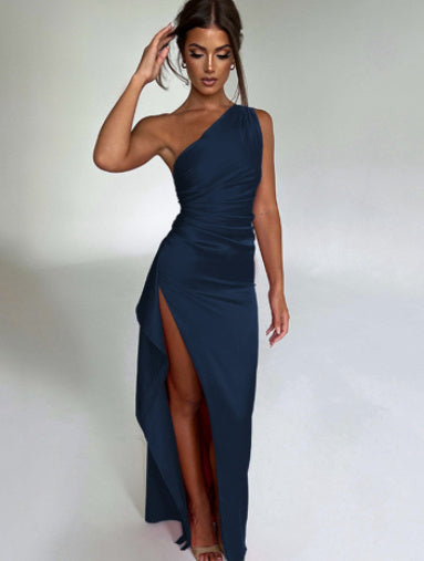 Sexy One-shoulder Backless Slit Dress Summer Elegant Slim-fit Solid Color Satin Dresses For Women - 𝓢𝓱𝓸𝓹𝓵𝓮𝓬𝔂