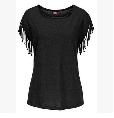 Wish quick sale eBay ladies Europe and America big size round neck short sleeve cuffs tassel T-shirt cotton tops - 𝓢𝓱𝓸𝓹𝓵𝓮𝓬𝔂