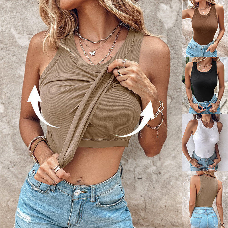 Round Neck Vest With Bra Summer Solid Color Bottom Sleeveless Top Womens Clothing - 𝓢𝓱𝓸𝓹𝓵𝓮𝓬𝔂