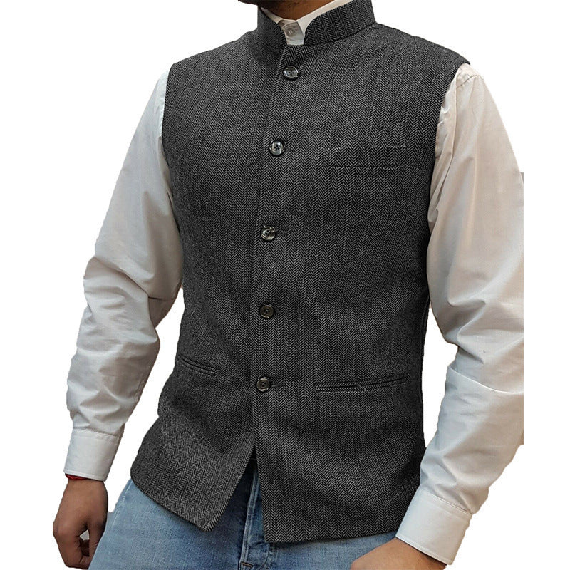 Zhongshan Collar Herringbone Pattern Vest Man - 𝓢𝓱𝓸𝓹𝓵𝓮𝓬𝔂