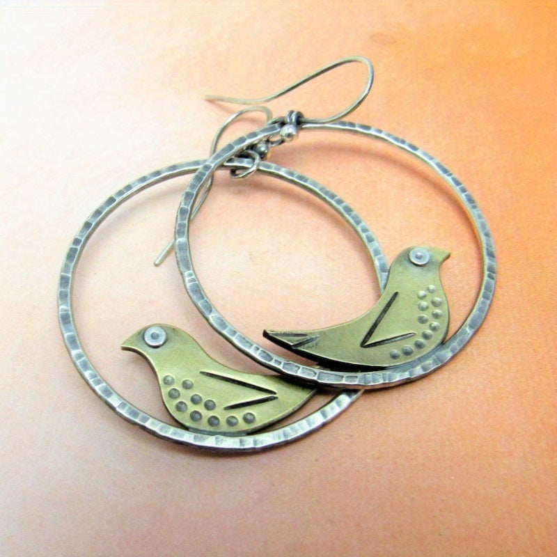 Bohemian Style Vintage Bird Hook Earrings Round Hollow Design