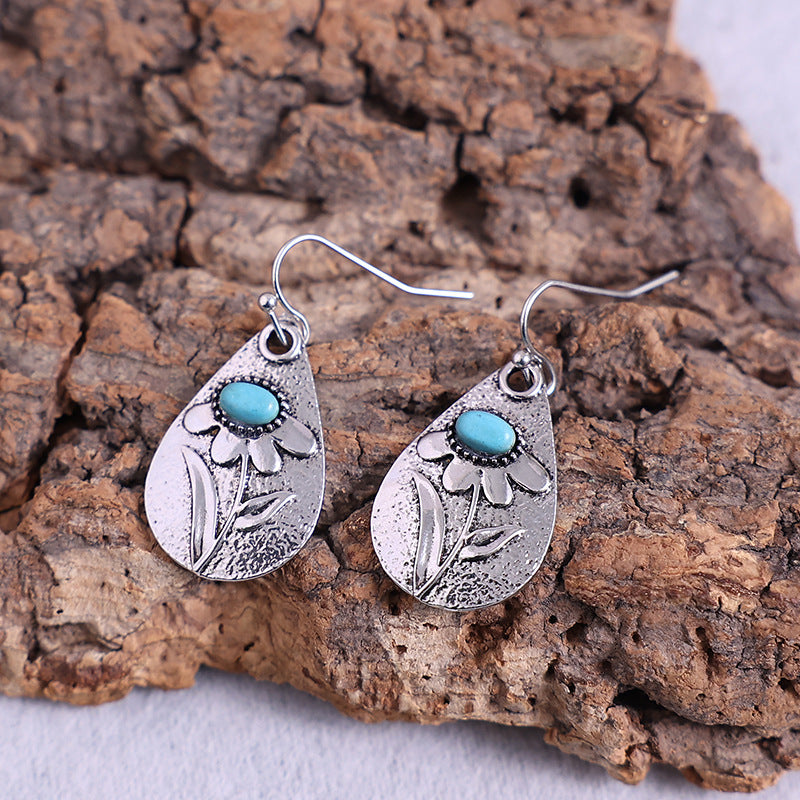 Alloy Carved Earrings Inlaid Turquoise