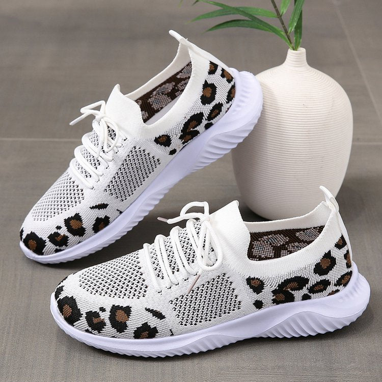 White Shoes Women Leopard Print Lace-up Sneakers Sports - 𝓢𝓱𝓸𝓹𝓵𝓮𝓬𝔂