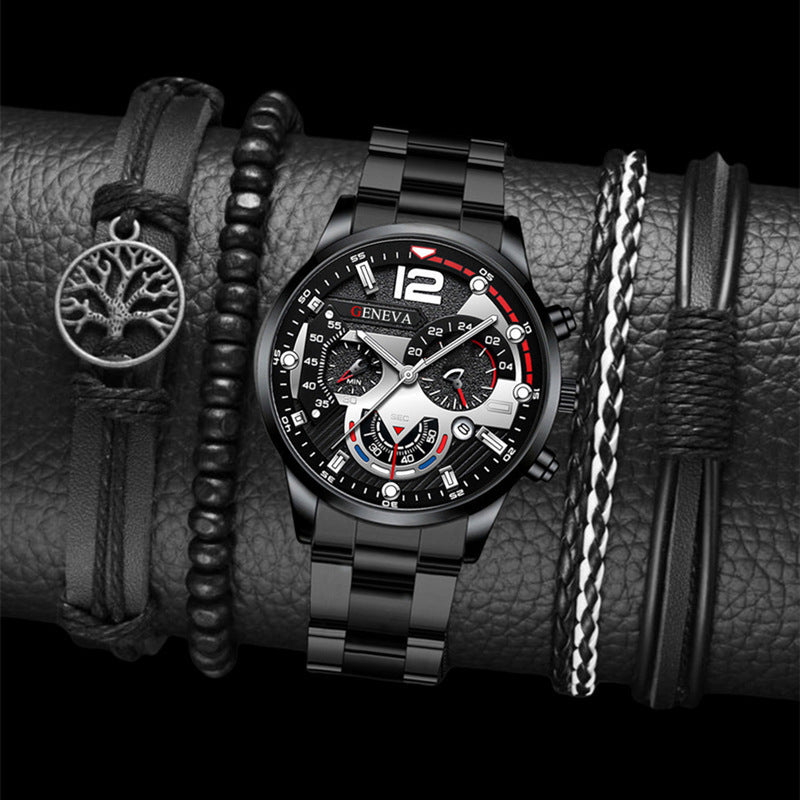 2pcs Men's New Popular Steel Strip Fashion Business Three Eye Quartz Watch Bracelet Set Valentine's Day Gifts - 𝓢𝓱𝓸𝓹𝓵𝓮𝓬𝔂