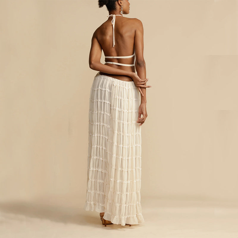 2pcs Women's Dress Suit Sexy Sleeveless Backless Cropped Halter Top And Pleated Long Skirt Beach Clothing - 𝓢𝓱𝓸𝓹𝓵𝓮𝓬𝔂