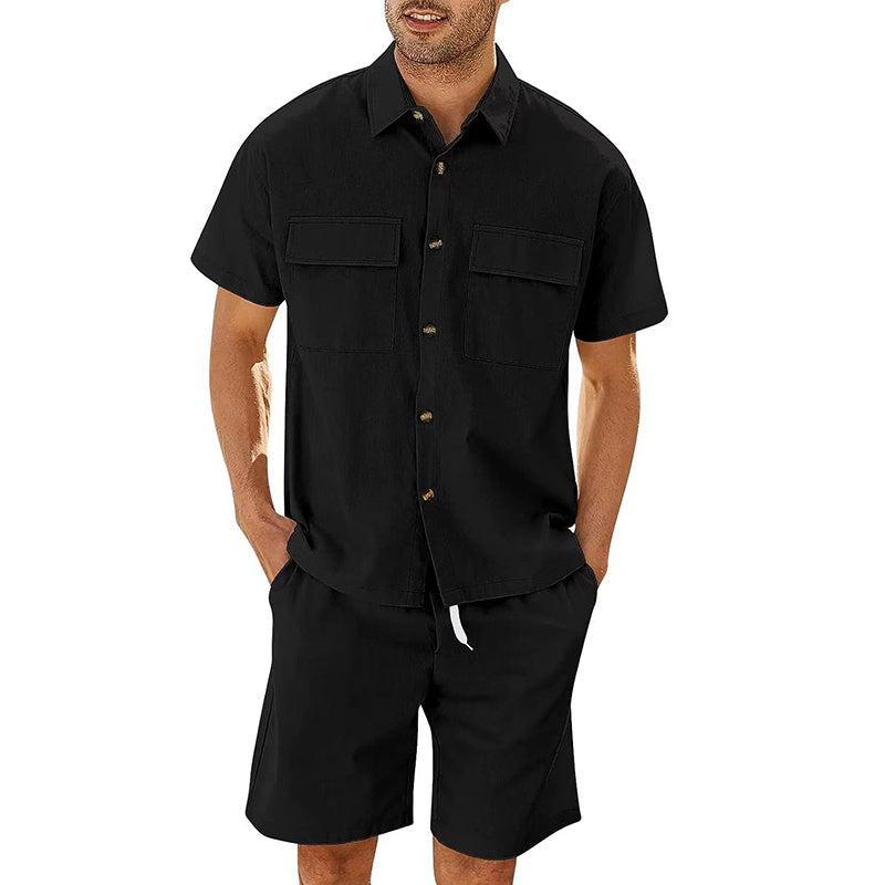 Summer Suits Men Short Sleeve Lapel Pockets Shirt And Drawstring Shorts Sports Fashion Leisure Men's Clothing - 𝓢𝓱𝓸𝓹𝓵𝓮𝓬𝔂
