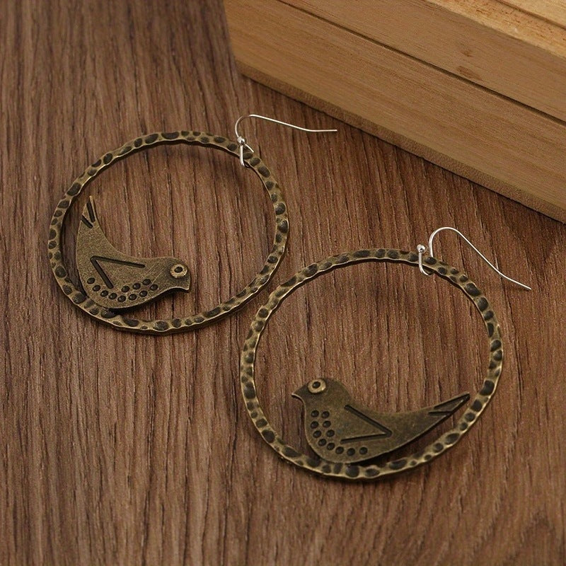 Bohemian Style Vintage Bird Hook Earrings Round Hollow Design