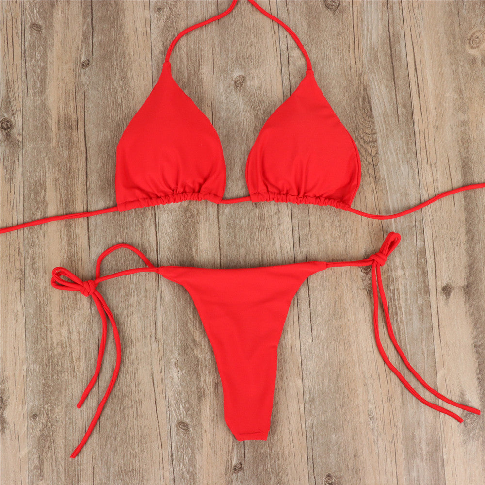 2pcs Halterneck Lace-up Bikini Women Summer Solid Color Sexy Split Strap Adjustable Swimsuit Suit 