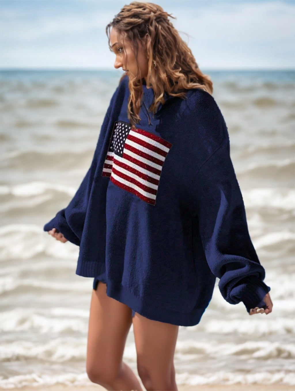 Usa Flag Design Drop Shoulder Sweater,Long Sleeve Tops - 𝓢𝓱𝓸𝓹𝓵𝓮𝓬𝔂