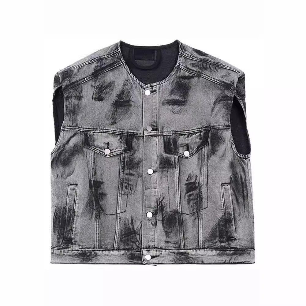 American Street Graffiti Padded Shoulder Sleeveless Denim Coat - 𝓢𝓱𝓸𝓹𝓵𝓮𝓬𝔂