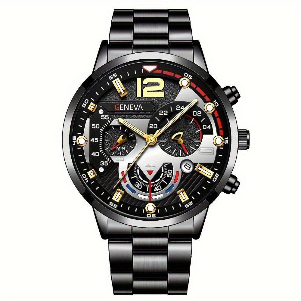 2pcs Men's New Popular Steel Strip Fashion Business Three Eye Quartz Watch Bracelet Set Valentine's Day Gifts - 𝓢𝓱𝓸𝓹𝓵𝓮𝓬𝔂