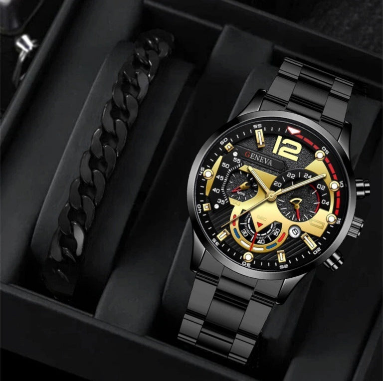 2pcs Men's New Popular Steel Strip Fashion Business Three Eye Quartz Watch Bracelet Set Valentine's Day Gifts - 𝓢𝓱𝓸𝓹𝓵𝓮𝓬𝔂