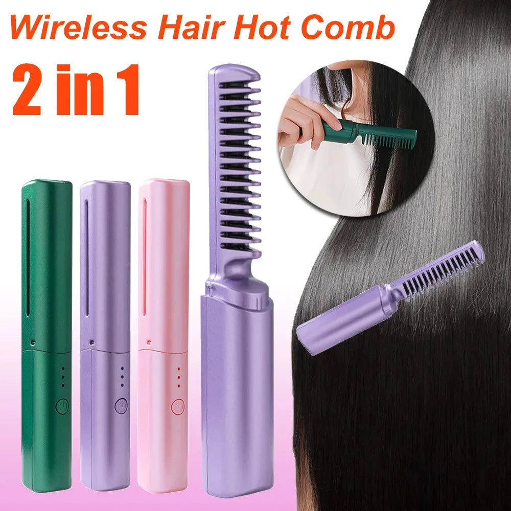 Professional Wireless Hair Straightener Curler Comb Fast Heating Negative Ion Straightening Curling Brush Hair Styling Tools - 𝓢𝓱𝓸𝓹𝓵𝓮𝓬𝔂