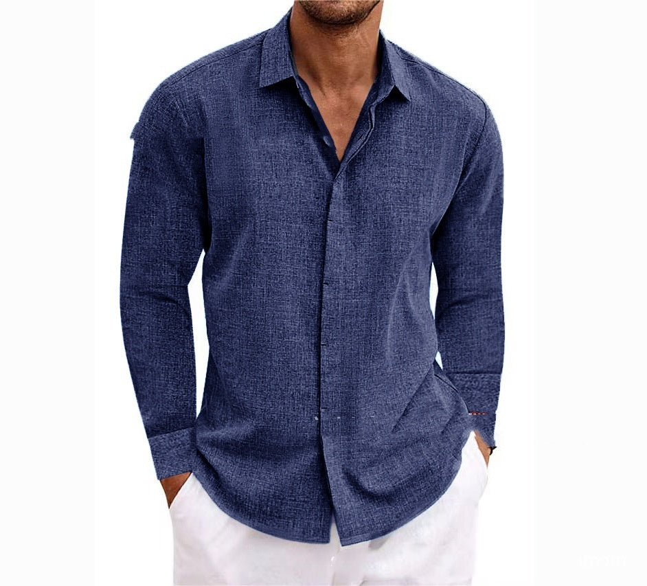 Long Sleeve T-shirt Undershirt Solid Color Long Sleeve Cotton Linen Shirt Men - 𝓢𝓱𝓸𝓹𝓵𝓮𝓬𝔂
