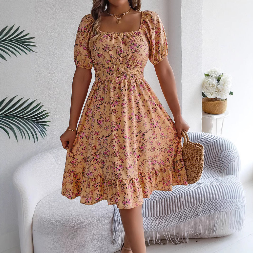 Floral Print Square Collar Dress Summer Fashion Ruffles Dresses Women's Clothing - 𝓢𝓱𝓸𝓹𝓵𝓮𝓬𝔂