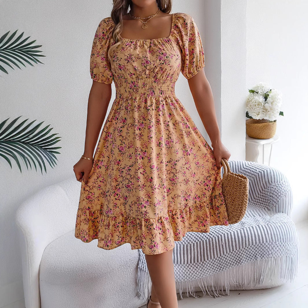 Floral Print Square Collar Dress Summer Fashion Ruffles Dresses Women's Clothing - 𝓢𝓱𝓸𝓹𝓵𝓮𝓬𝔂