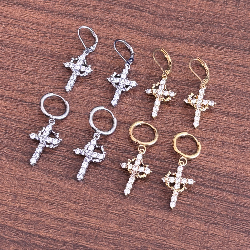 3A Zircon Crown Cross Movable Stainless Steel Ear Clip