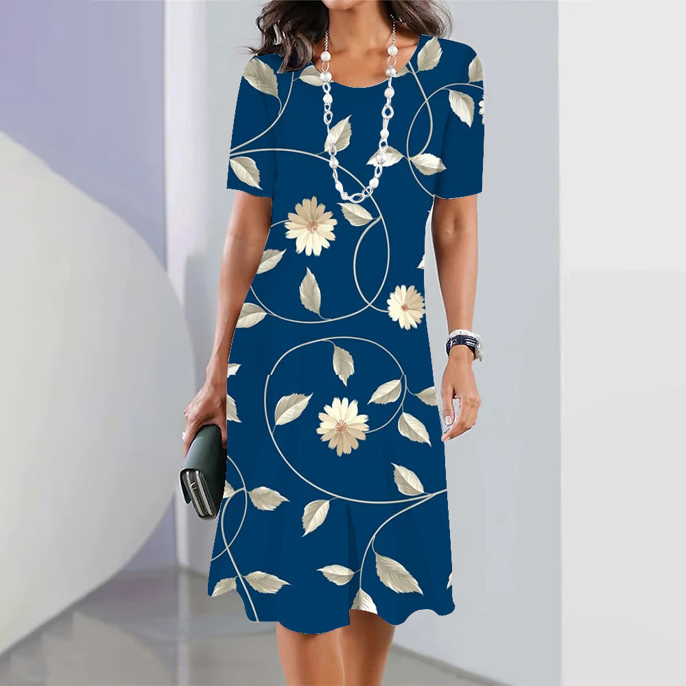 3d Floral Blue Printed Round Neck Fashion Party Dress - 𝓢𝓱𝓸𝓹𝓵𝓮𝓬𝔂