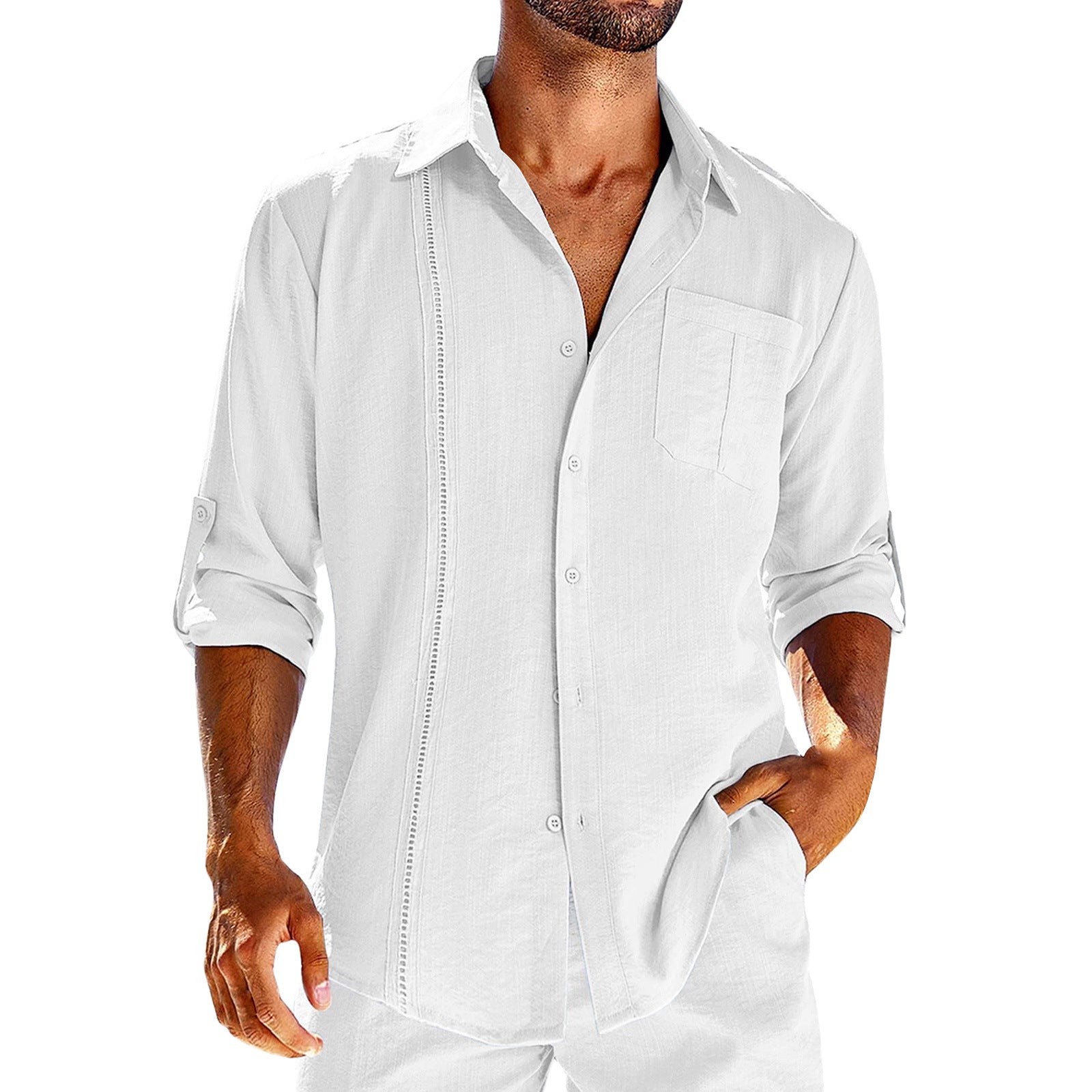 Casual  Long Sleeve Shirt With Pocket Lace Polo Collar Solid Color Button Mens Clothing - 𝓢𝓱𝓸𝓹𝓵𝓮𝓬𝔂