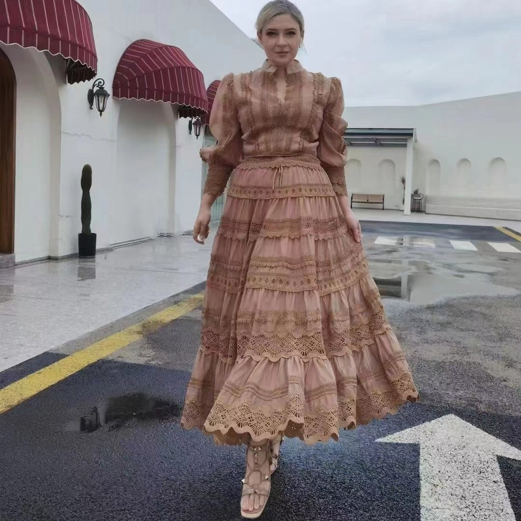 Australia Foreign Trade Fall New Suit Lace Patchwork Top Lace Waist-slimming Long Dress Suit For Women 