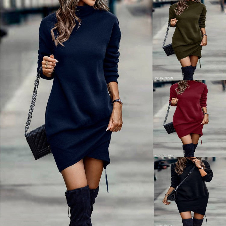Long Sleeve Dress Solid Color High Neck Cross Short Dress Womens Clothing - 𝓢𝓱𝓸𝓹𝓵𝓮𝓬𝔂