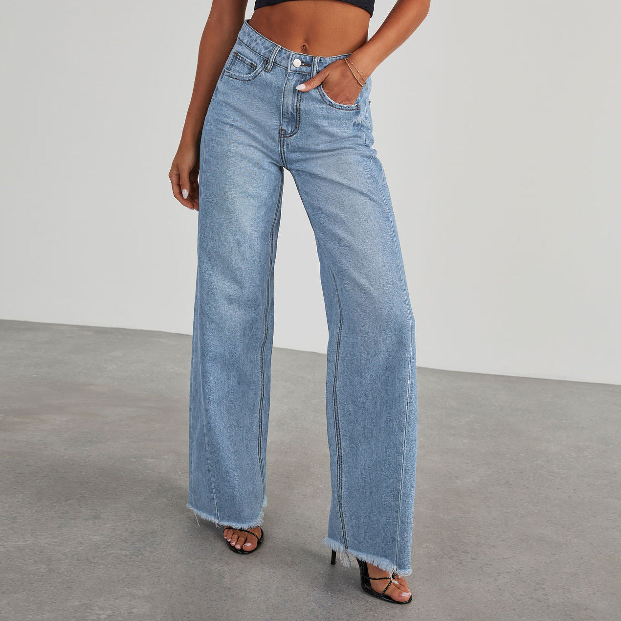Fashion High Waist Jeans With Pockets Comfortable Slim Fit Straight Wide-leg Pants Womens Clothing - 𝓢𝓱𝓸𝓹𝓵𝓮𝓬𝔂