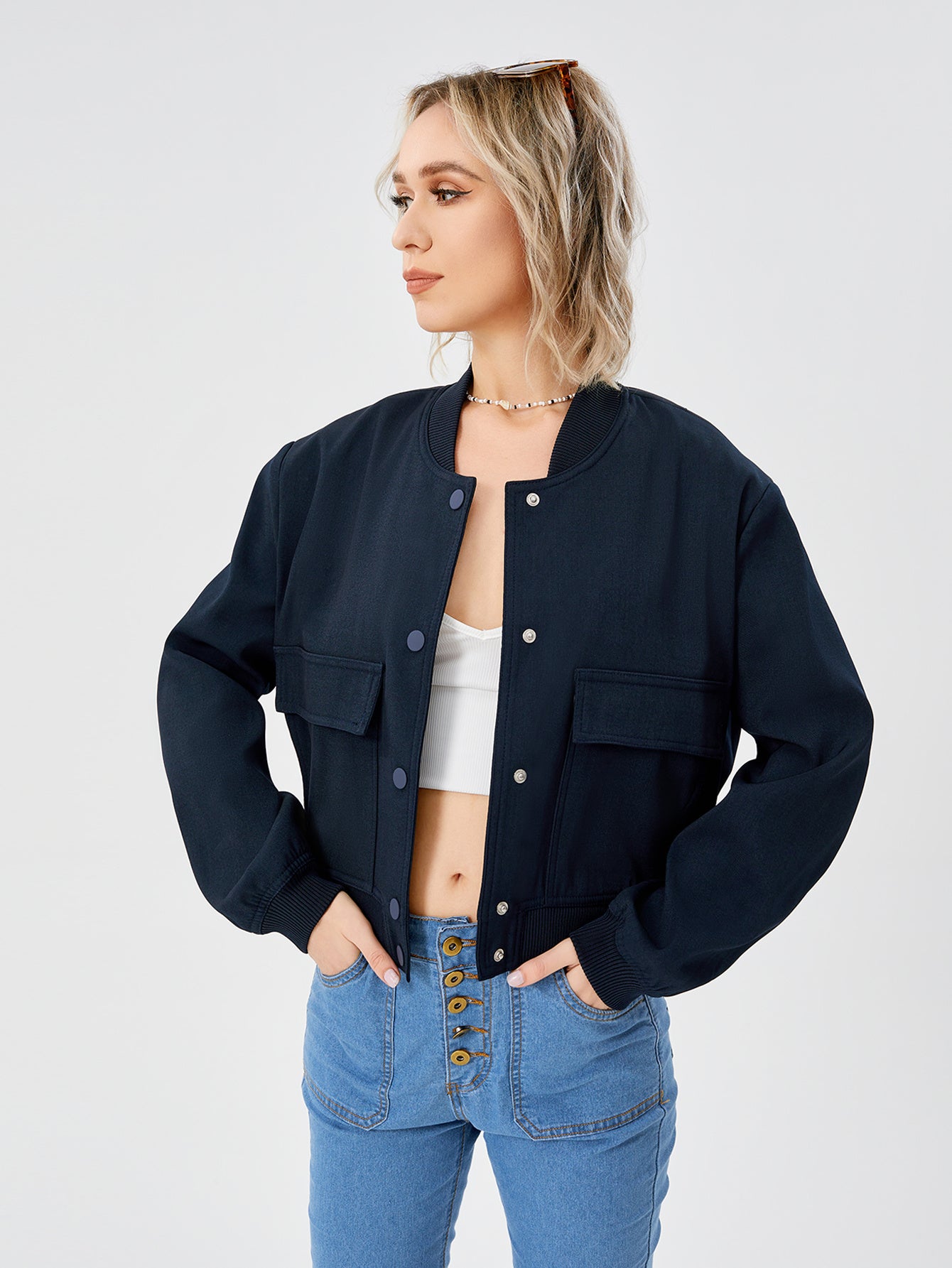 Women's Lightweight Cropped Bomber Jacket Casual Long Sleeve Varsity Jacket With Pocket Fashion Y2k Jacket Streetwear - 𝓢𝓱𝓸𝓹𝓵𝓮𝓬𝔂