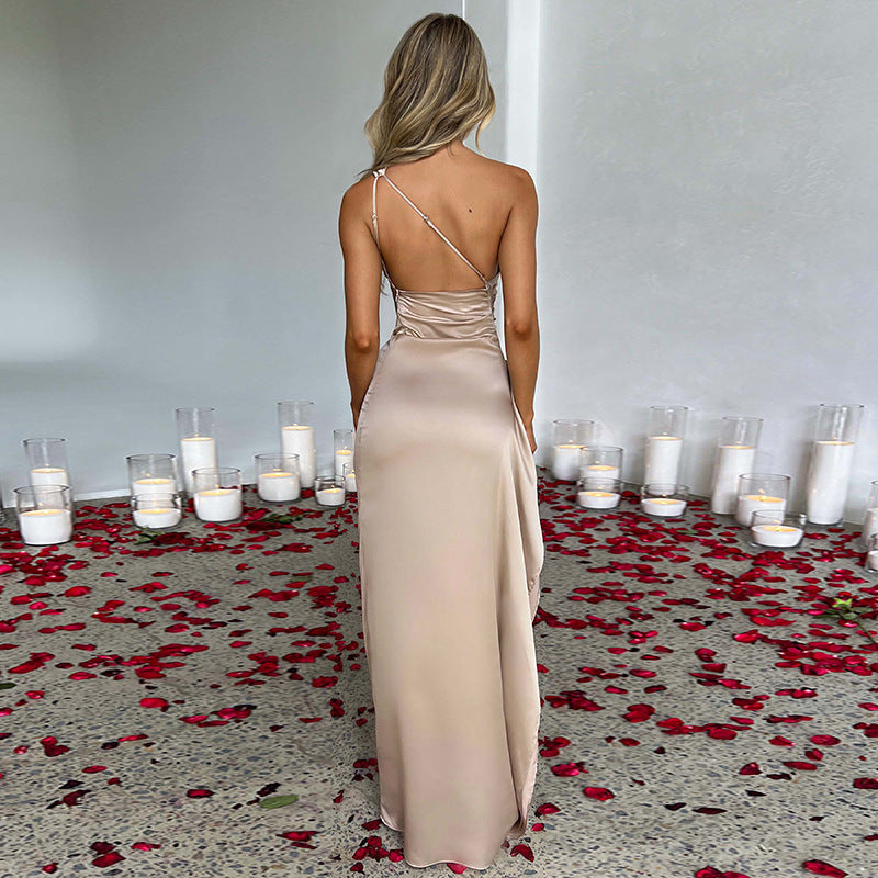Sexy One-shoulder Backless Slit Dress Summer Elegant Slim-fit Solid Color Satin Dresses For Women - 𝓢𝓱𝓸𝓹𝓵𝓮𝓬𝔂