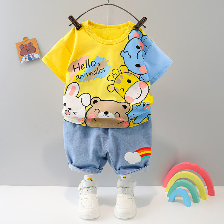 Boys And Girls Short-sleeved Denim Five-point Pants Two-piece Cute Pants Suit Cotton Short-sleeved - 𝓢𝓱𝓸𝓹𝓵𝓮𝓬𝔂