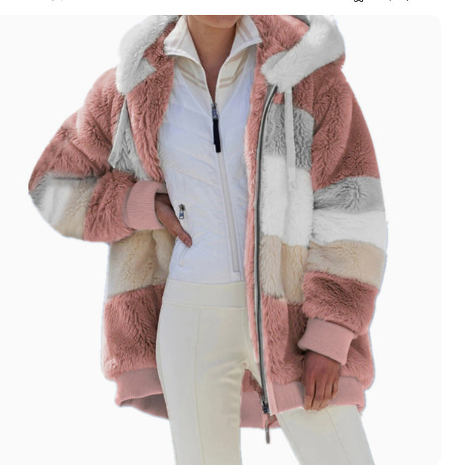 Women's Loose Plush Multicolor Hooded Jacket - 𝓢𝓱𝓸𝓹𝓵𝓮𝓬𝔂