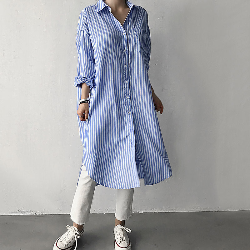 Early Autumn Lazy Cold Style Mid-length Striped Shirt - 𝓢𝓱𝓸𝓹𝓵𝓮𝓬𝔂