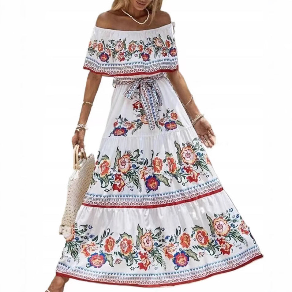 Summer European And American Off-shoulder Printing Belt Long Large Hem Dress - 𝓢𝓱𝓸𝓹𝓵𝓮𝓬𝔂